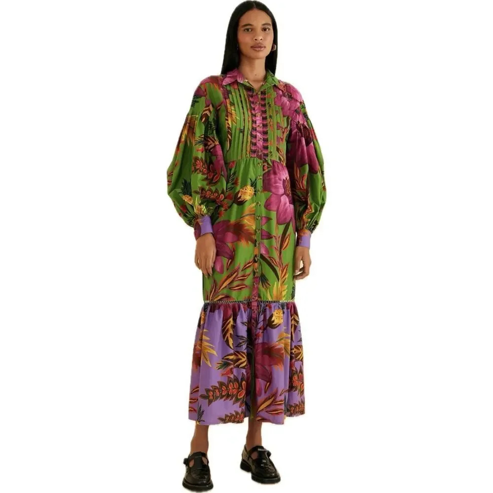 Farm Rio Flowers Floral-print 100% cotton lightweight Maxi shirt Dress Size XS